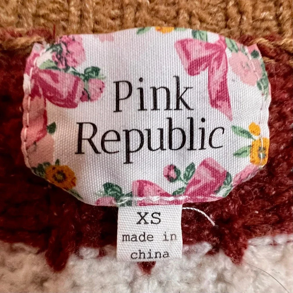 Pink Republic XS Cropped Sweater Women Brown Retro BoHo Striped V-Neck Knit - Picture 6 of 6